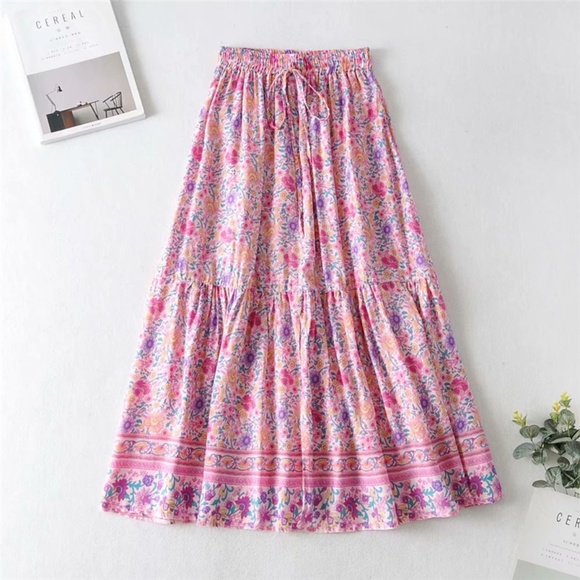 Boho Colorful Pink Floral Print Tassel Maxi Skirt - Picture 8 of 8